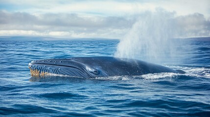 Obraz premium Enormous Blue Whale Emerging from the Deep, Blowing Spray Against the Horizon