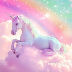 Naklejka premium Beautiful white unicorn resting gently in magical pink clouds picture