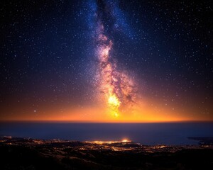 Stunning night sky with Milky Way galaxy over coastal city lights and ocean