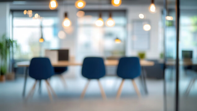 Blurred image of modern office interior with bokeh lights.
