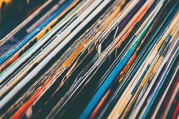 Colorful Vintage Record Collection CloseUp.