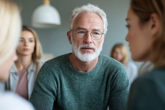 A mature man listens attentively during a family therapy session, offering support and understanding.