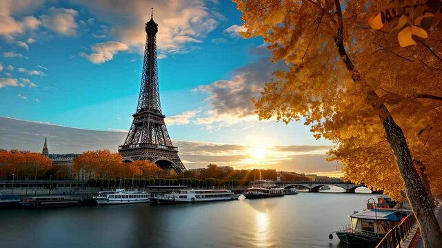 The Eiffel Tower shines at sunset over the River Seine with golden autumn leaves in Paris, France, creating a picturesque view of the iconic landmark