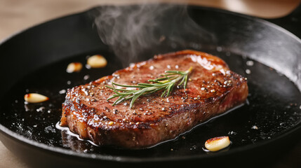 Succulent butter-basted ribeye steak on cast iron skillet with herbs