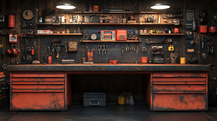 Rough metal workshop desk on a blurred garage backdrop, symbolizing industrial creativity and craftsmanship with ample copy space for modern design themes