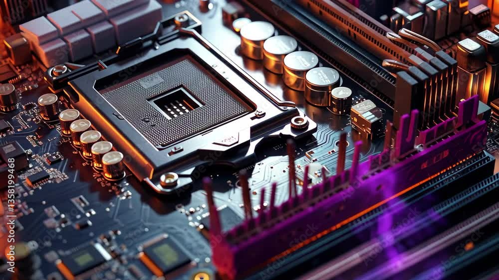 Poster vibrant pulsating lights illuminate a dark motherboard, creating a striking contrast between technol