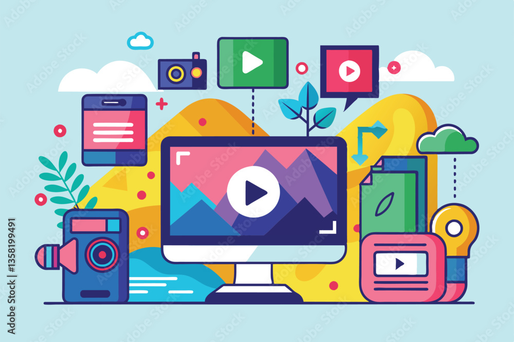 Poster an artistic representation of customizable video upload tools with vibrant technology and nature mot