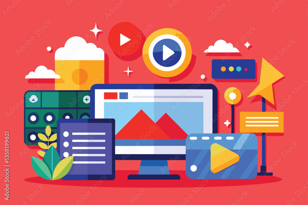 Poster this illustration showcases customizable video upload features with various digital tools and elemen