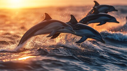 Fototapeta premium A Captivating Pod of Playful Dolphins Jumping at Sunrise
