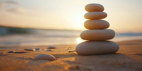 serene beach scene with smooth rocks stacked in a balanced formation, symbolizing harmony, mindfulness, and peace. The tranquil setting evokes a sense of Zen and inner balance in nature