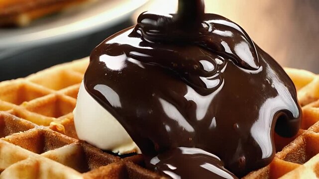 A golden, crispy Belgian waffle topped with a scoop of creamy vanilla ice cream is covered in rich, glossy melted chocolate, creating a mouthwatering and indulgent dess
