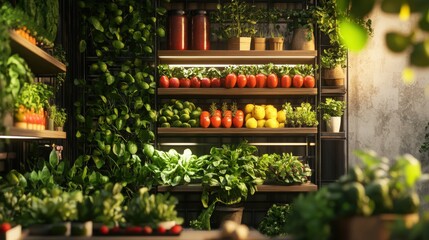 A vertical indoor farm showcasing a variety of fresh fruits and vegetables