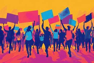 Vibrant political protest with passionate activists holding colorful banners during a vibrant afternoon in an urban setting Generative AI