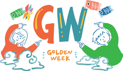 こいのぼりと男女(人物)のゴールデンウイークの文字　ポップなイラスト