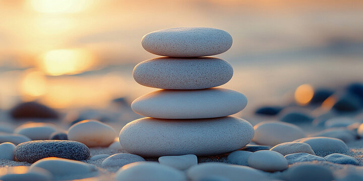 serene beach scene with smooth rocks stacked in a balanced formation, symbolizing harmony, mindfulness, and peace. The tranquil setting evokes a sense of Zen and inner balance in nature