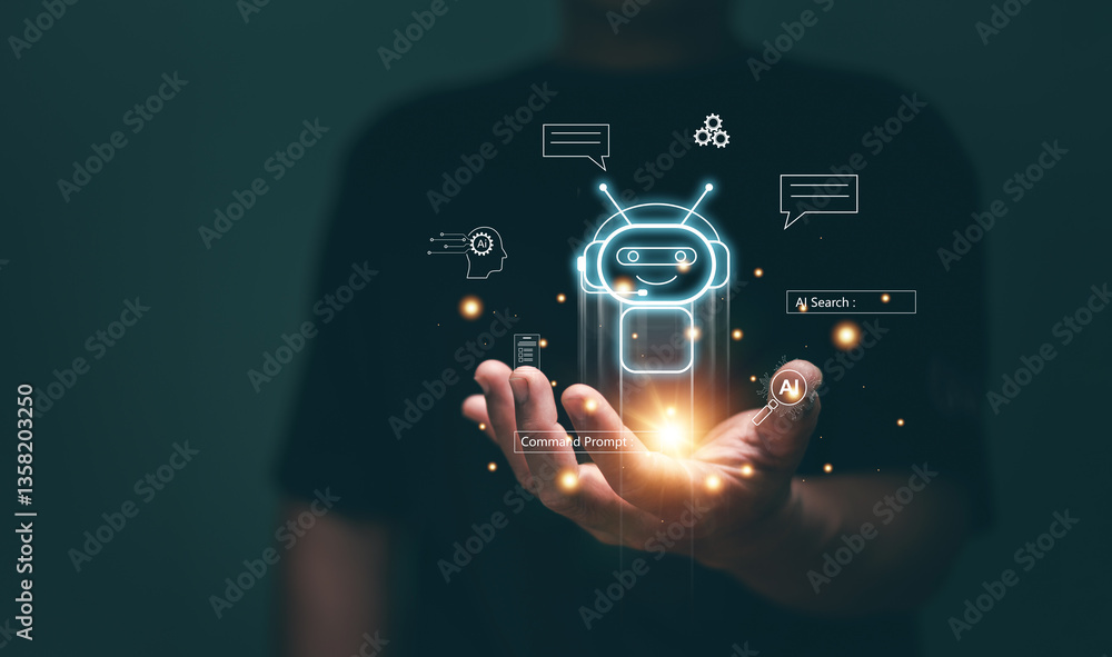 Poster artificial intelligence (ai) technology concept, businessmen holding icon of ai chatbot and ai appli