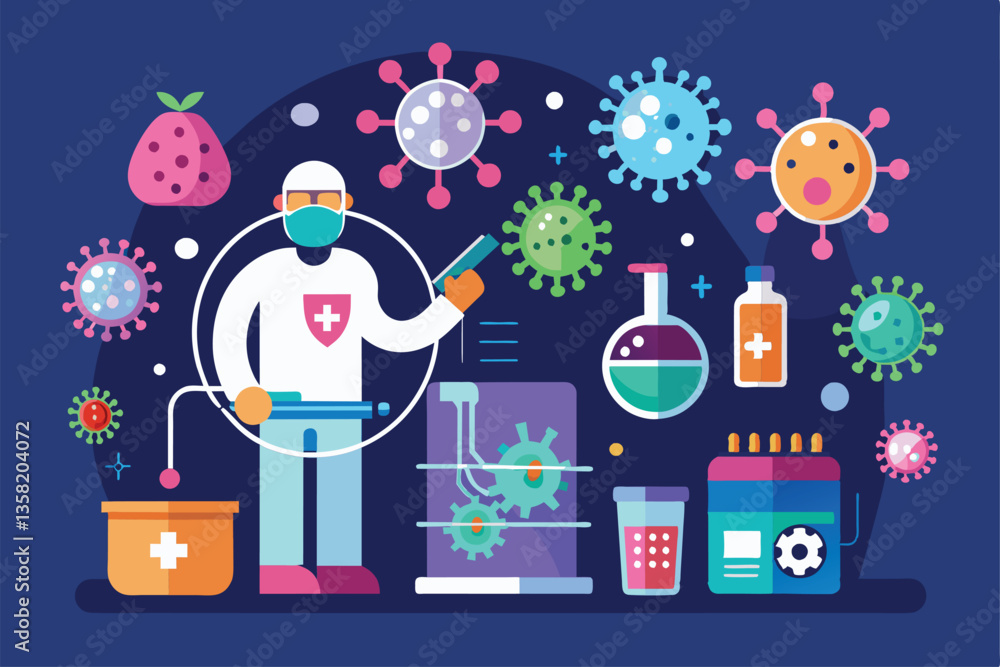 Poster a scientist uses tools to customize virus disinfection processes in a laboratory setting, virus disi