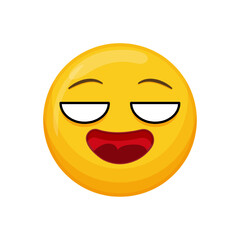 Vector illustration of a yellow emoticon with a grinning expression, open mouth and closed eyes.