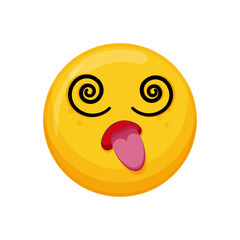 Vector illustration of a yellow emoticon with a dizzy expression, spiral eyes and tongue out.