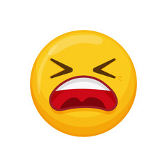 Vector illustration of a yellow emoticon with a screaming expression, open mouth and closed eyes.