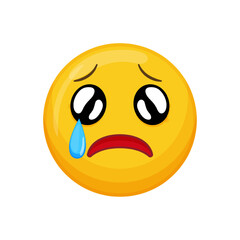 Vector illustration of a yellow emoticon with a crying expression, a tear and a downturned mouth.
