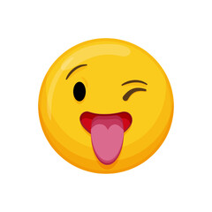 Vector illustration of a yellow emoticon with a winking expression, tongue out and a smile.