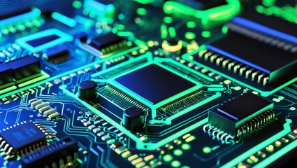 Obraz premium High-Tech Neon PCB with Microprocessors and Electric Pathways