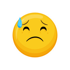 Vector illustration of a yellow emoticon with a sad expression, sweat drop and downturned mouth.