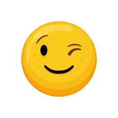 Vector illustration of a yellow emoticon with a winking expression and a smile.