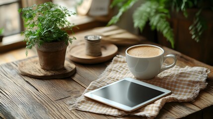 Digital Tablet on Checkered Cloth Over Rustic Wooden Table,


