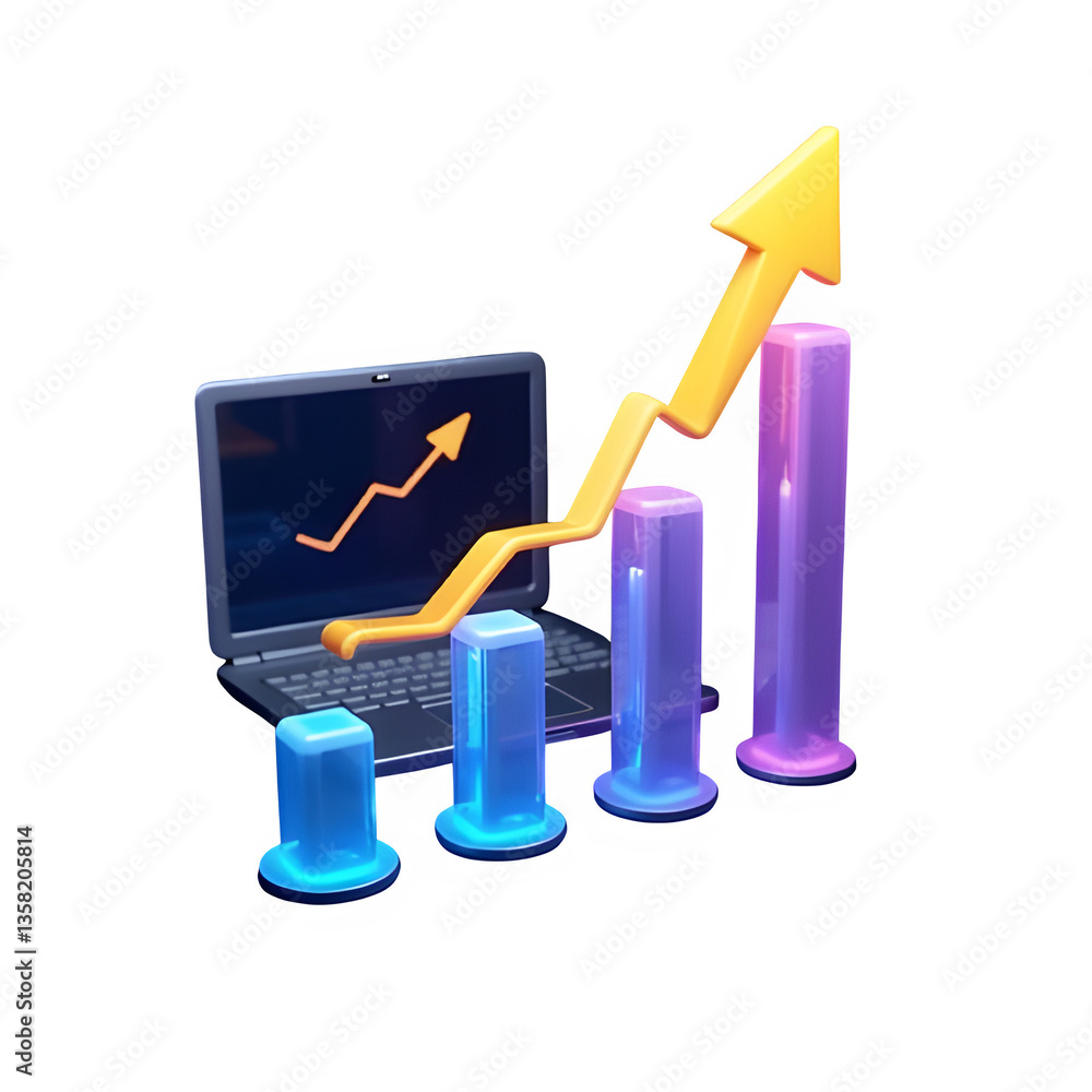 Poster futuristic 3d icon of a candlestick chart with an upward trend on a laptop screen. neon gradient bar