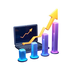 Futuristic 3D icon of a candlestick chart with an upward trend on a laptop screen. Neon gradient bars and glowing yellow trend line symbolize financial growth and digital trading.