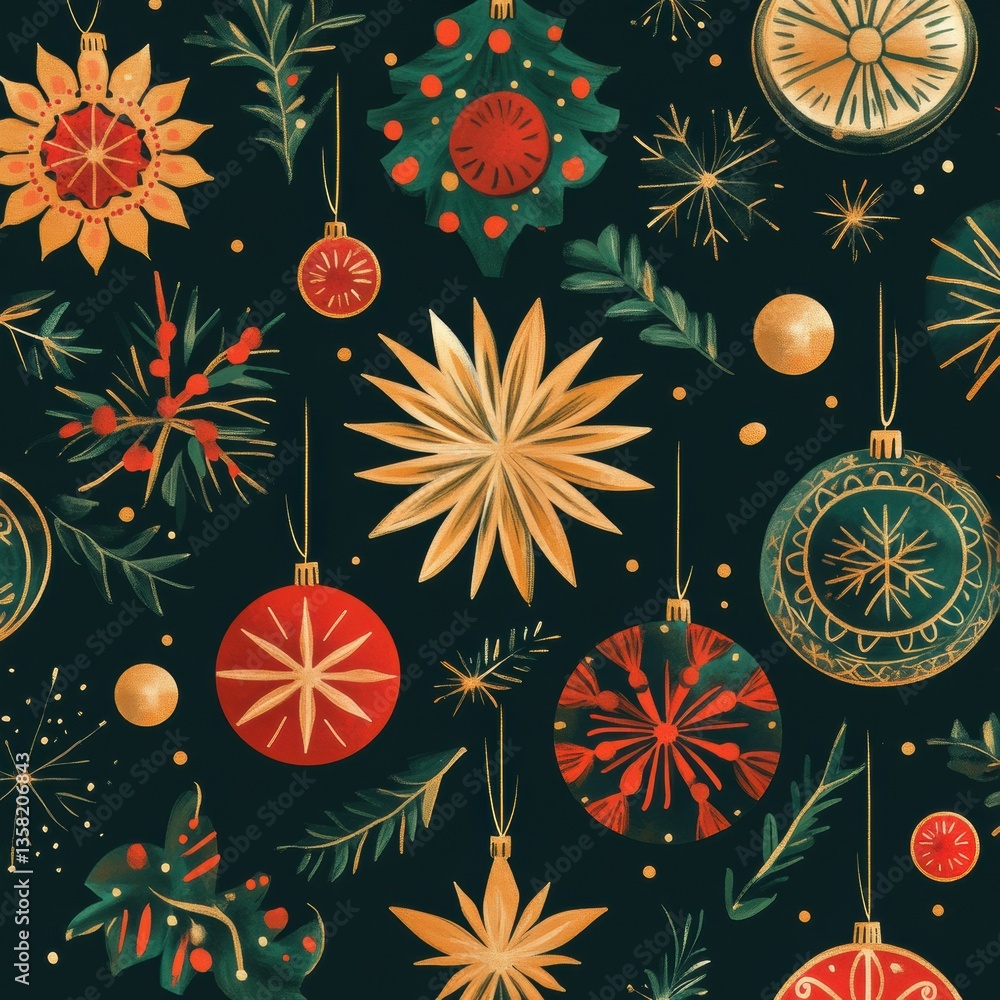 Aufkleber festive seamless christmas pattern featuring golden snowflakes and winter ornaments in deep red and 
