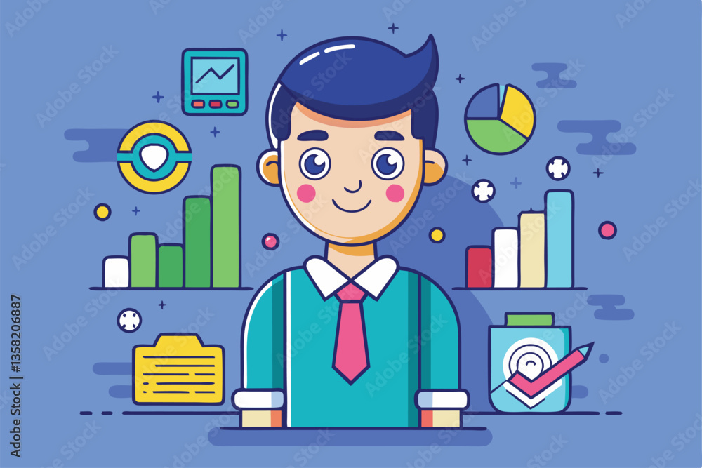 Poster a cheerful cartoon character analyzes data with various charts and graphs in a colorful workspace, v