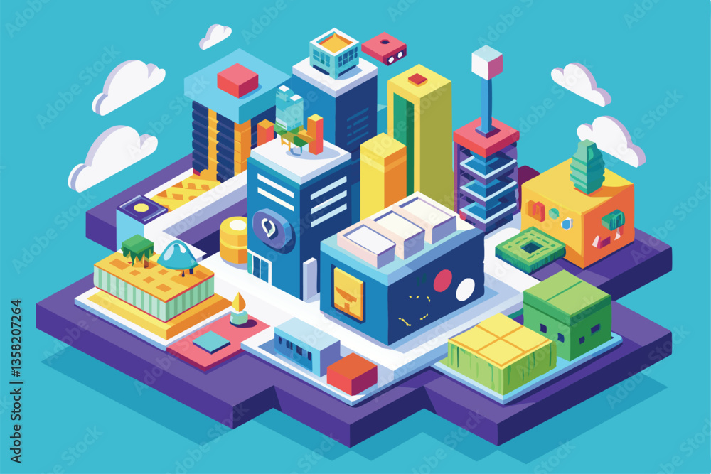 Poster this illustration showcases a colorful, isometric city with various structures and green spaces inte