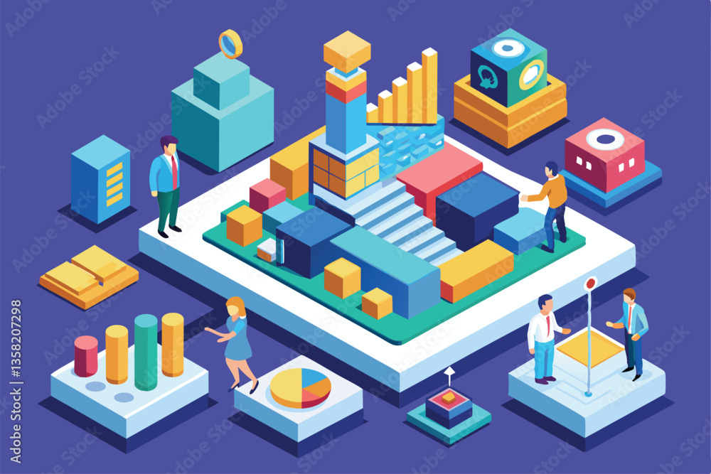 Poster this isometric illustration features professionals analyzing data using graphs, charts, and blocks, 
