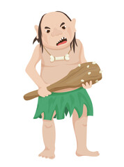 Vector illustration of a troll with a wooden club, featuring a green and brown character with a large nose. The scene captures a fairytale creature.