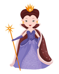 Vector illustration of a queen with a crown and scepter, featuring a royal character in a purple dress. The scene captures a fairytale character.