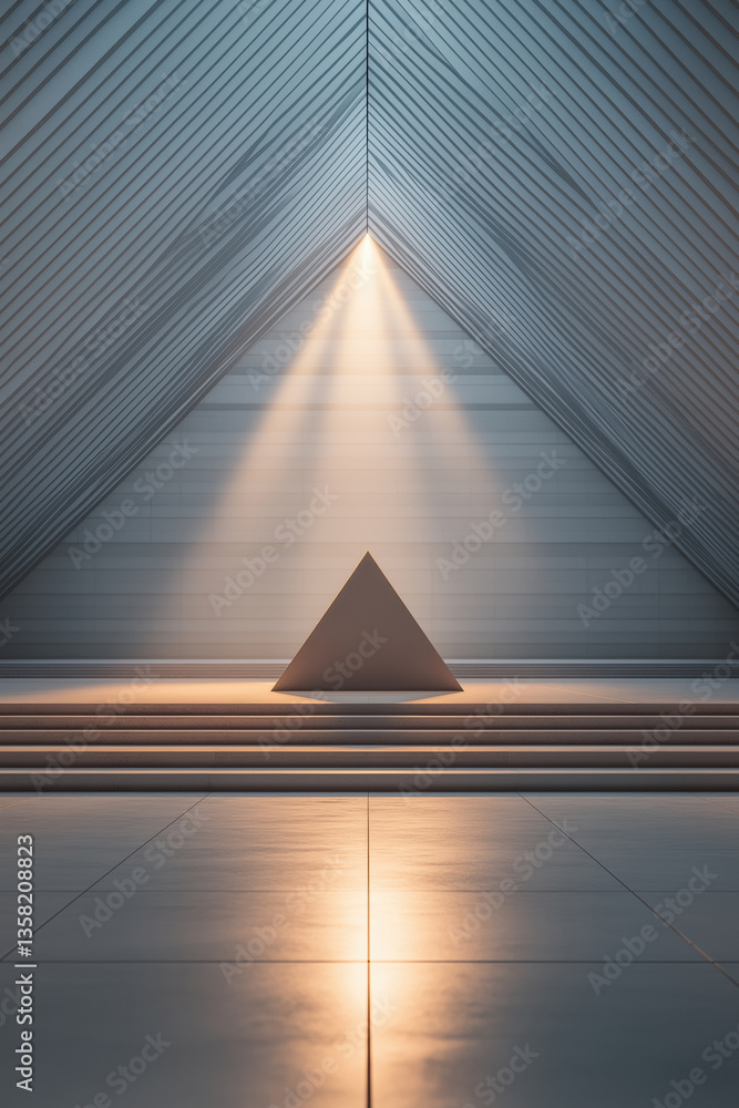 Poster modern architectural design featuring a triangular sculpture in a minimalist space