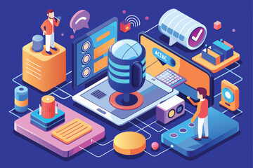 Obraz premium An isometric illustration features a customizable voice assistant with various screens and devices activated, Voice assistant Customizable Isometric Illustration