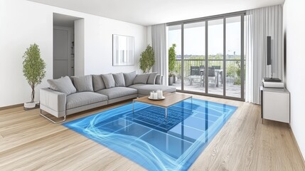 Modern living room. Gray sofa, coffee table, large windows, outdoor balcony, wooden floor. White walls