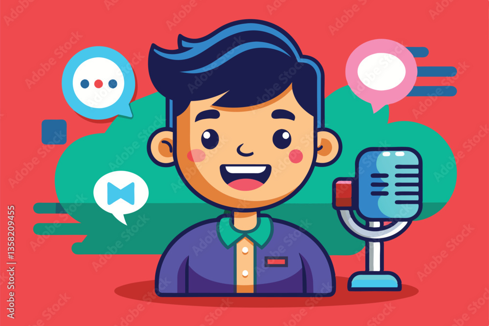 Poster a cheerful character interacts through voice chat using a microphone with speech bubbles around, voi