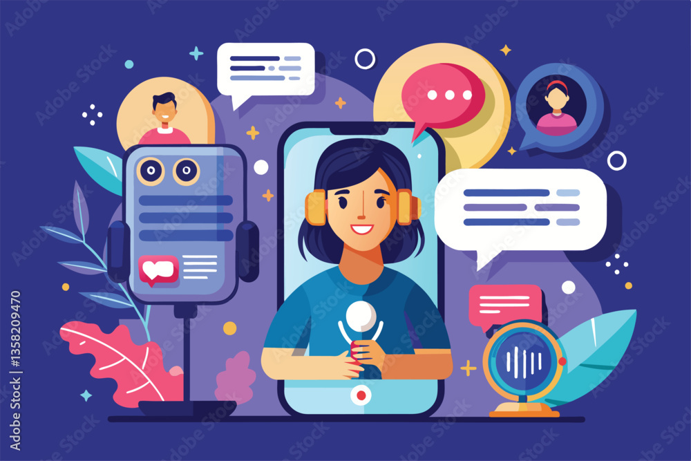Poster a user interacts with a customizable voice chat on a mobile device while engaging with animated char