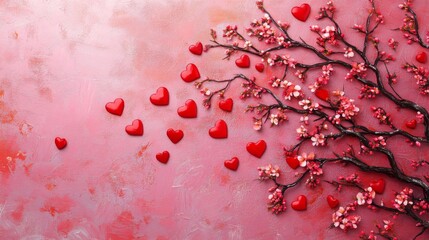 Red Hearts and Pink Blossoms on Pink Background