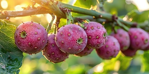 Sunlit pink fruits cluster on branch, showcasing their textured skin and vibrant color.  Leaves and bokeh background