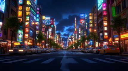 Fototapeta premium Cyberpunk street filled with colorful signs and glowing tower image