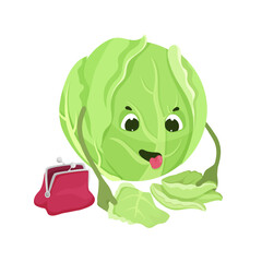 Charming vector illustration of a green cabbage character with a face and a small pink purse. The scene captures a whimsical and personified vegetable concept.