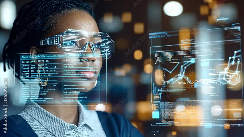Poster woman engaging in data analytics with coding hologram display generative ai