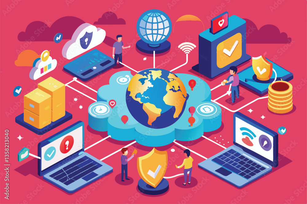 Aufkleber people interact with technology tools, emphasizing global connectivity and cybersecurity concepts on