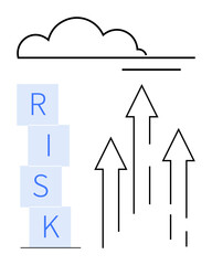 Vertical stacked blocks spelling RISK paired with upward arrows and a minimalist cloud overhead. Ideal for business strategy, investment, progress, decision-making, risk management, success, abstract